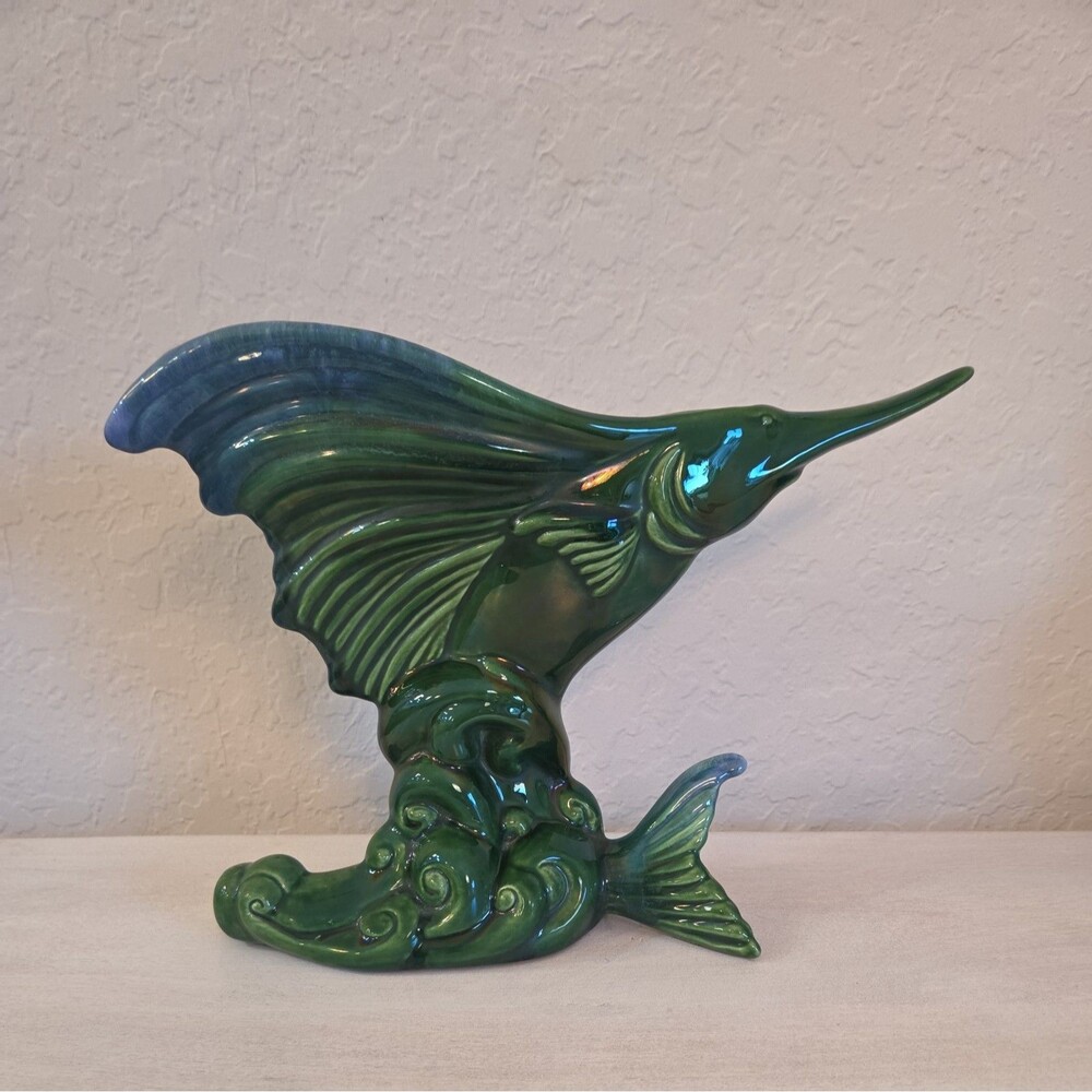 Vintage Royal Haeger Sailfish Swordfish Planter Vase Blue Green Glaze 1941